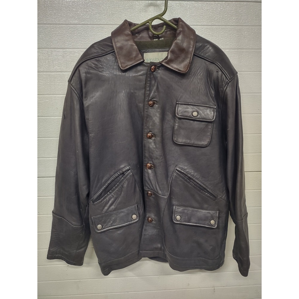 Skins by Tora Vintage Dark Brown Leather Field Jacket Mens Large Button Front